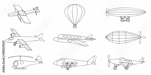 Line drawing of various air vehicles including planes balloons and helicopters