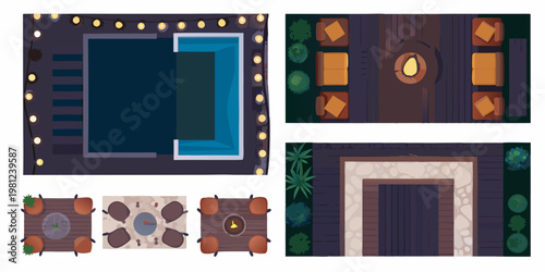 Stylized top down views of outdoor spaces with pools and fireplaces