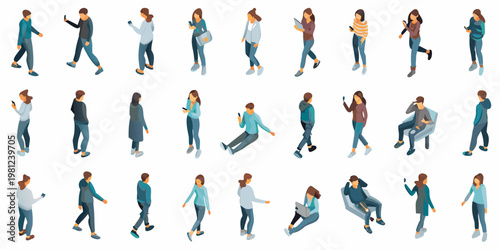 Isometric illustration of diverse people using mobile phones and technology