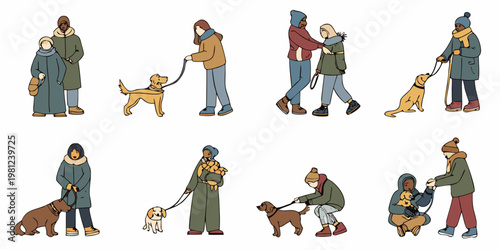 Diverse group of people walking dogs in a winter setting illustrated style