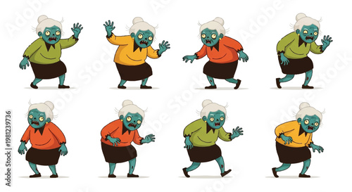 Cartoon zombie granny character poses isolated illustration
