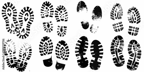A collection of various black shoe prints on a stark white background