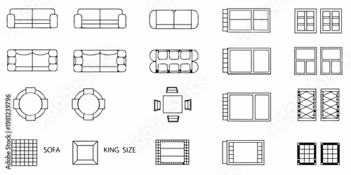 Top down views of furniture sofas chairs tables and king size beds