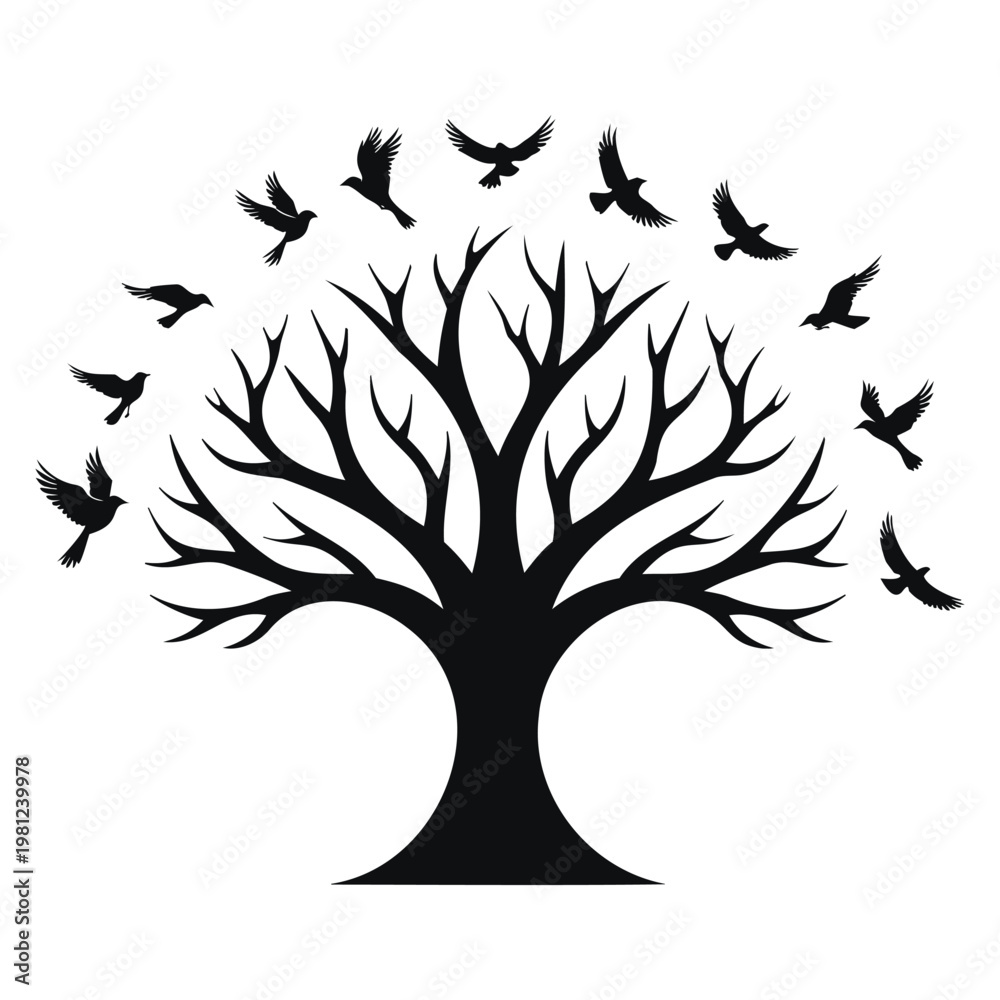 Obraz premium Black Tree with Bird Silhouette Vector Illustration
