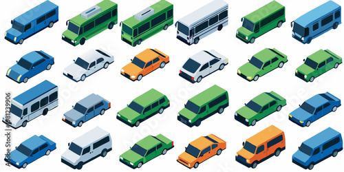 Isometric illustration displaying a colorful collection of various vehicles