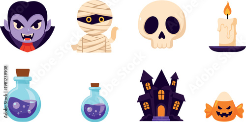 Halloween Icons Set Featuring Vampire, Mummy, Skull, Candle, Potion, Haunted House, and Candy