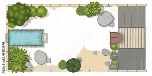 Overhead view of a minimalist japanese zen garden with rocks and water