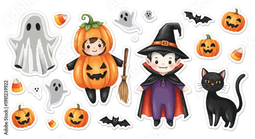 A playful group of cartoon characters dressed in halloween costumes. Vector
