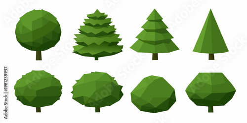 Collection of stylized low poly green trees in various shapes