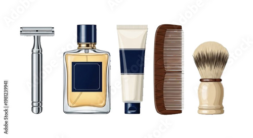 Father’s Day personal items set vector illustration, grooming tools, razor, perfume, comb, white background