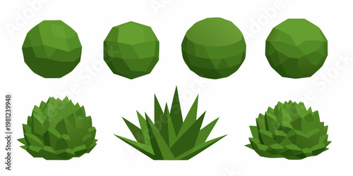 Polygonal green shrubs and bushes isolated on a white background