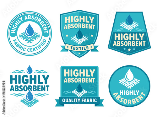 Highly absorbent fabric product labels: blue water drop icons for textile certification seals set