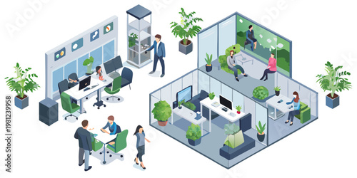 Isometric illustration of a modern open plan office space with employees