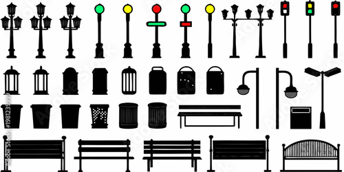 Collection of black street lamps benches trash cans and traffic signals