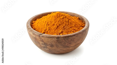 High Quality Organic Turmeric Powder in a Rustic Wooden Bowl Isolated on White Background. Healthy Ayurvedic Spice for Indian Cooking, Culinary Seasoning and Natural Herbal Supplement Ingredient.