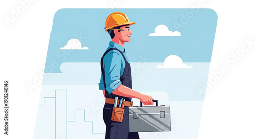 Construction worker carrying toolbox wearing hardhat and toolbelt.