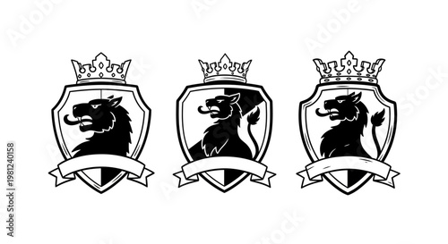 Elegant lion crest designs with crowns and ribbons in monochrome style