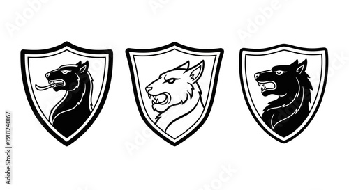 Heraldic animal crests: bold panther, fierce wolf, black bear shields in monochrome