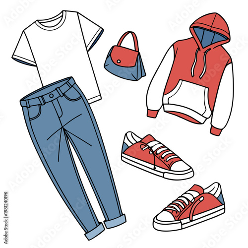 A colorful illustration depicts various clothing items and accessories including a t shirt jeans hoodie bag and sneakers high quality professional detailed
