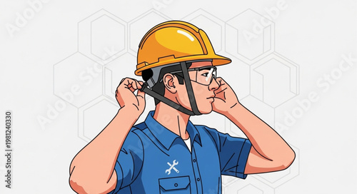 Construction worker adjusting hard hat chin strap on head.