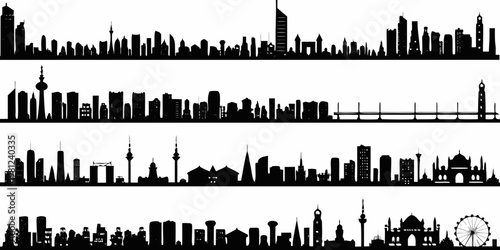 Silhouetted skylines of famous cities around the world displayed in rows