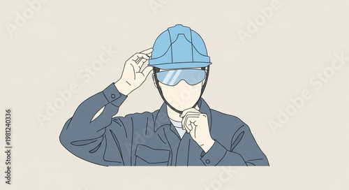 Construction worker adjusting blue safety hardhat on head.
