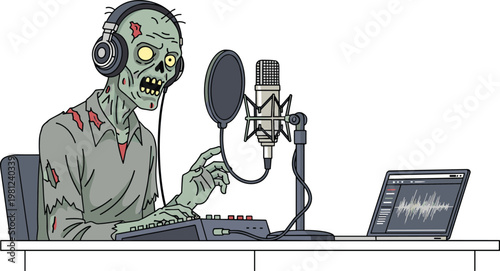 Cartoon zombie podcaster character with headphones speaking into microphone at desk with laptop and audio mixer