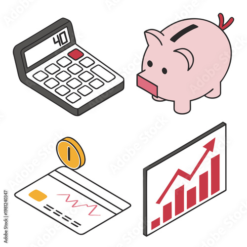 An illustrative depiction showcases financial tools including a calculator piggy bank coin check and upward trending graph high quality professional detailed modern
