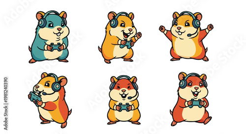 Cartoon hamsters with headsets and gamepads isolated on white background