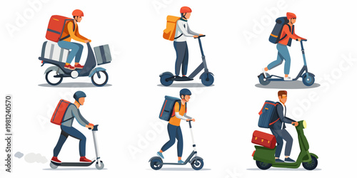 Delivery workers using scooters and bikes in a colorful vector illustration