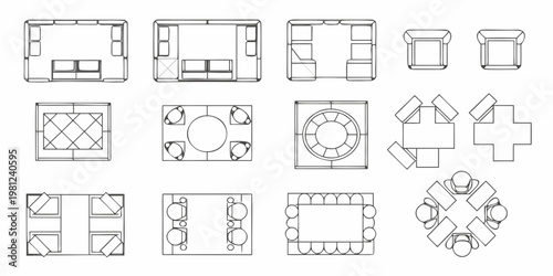 Architectural floor plans sofas tables and chairs in top down view