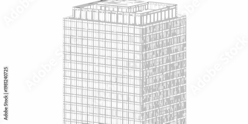 Minimalist rendering of a tall modern skyscraper with a grid facade