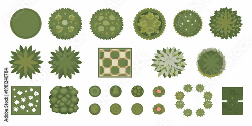 Assortment of stylized top down views of various trees and shrubs