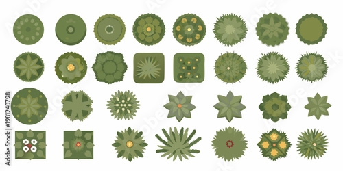 Aerial view of various stylized green trees and shrubs top down perspective