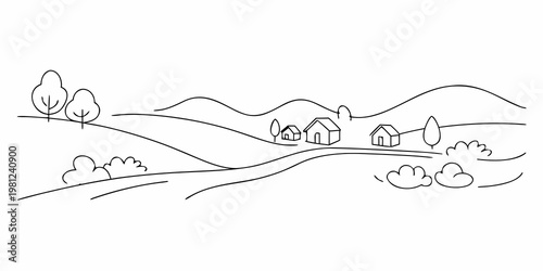Simple line drawing of a rural landscape with houses and rolling hills