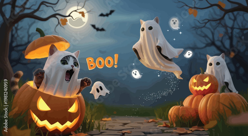 Halloween-themed illustration featuring flying owls and pumpkins Vector