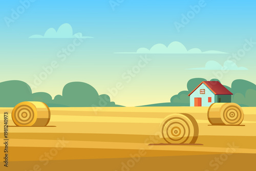 A peaceful countryside scene featuring hay bales and a small house