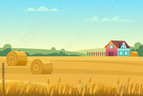 A serene countryside landscape featuring hay bales and a quaint farmhouse