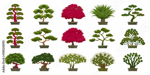 Collection of colorful potted ornamental trees in a cartoon style