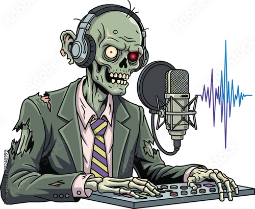 Cartoon zombie radio host character in torn suit with headphones speaking into microphone at sound mixing console