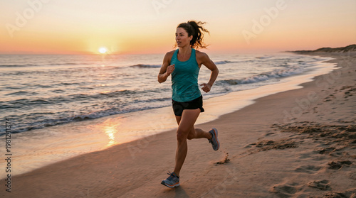 Mujer atlética corriendo descalza por la orilla de la playa durante un cálido atardecer, transmitiendo libertad, bienestar y una vida saludable en un entorno natural costero.