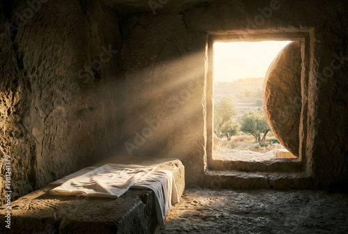 Empty tomb with burial shroud and stone rolled away in morning light rays art.
