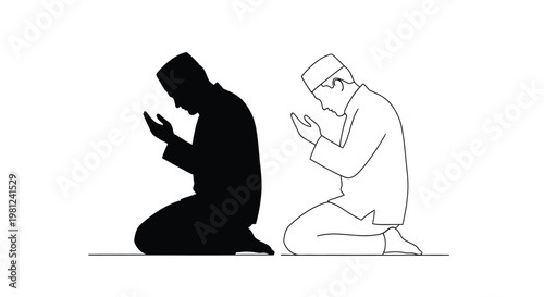Two muslim men praying one in full silhouette