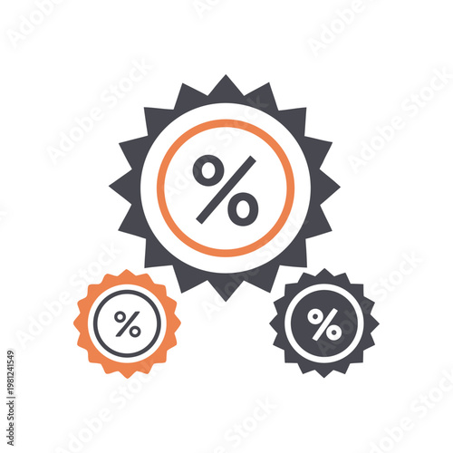 Three stylized percentage symbols inside badge shapes representing discounts and sales promotions