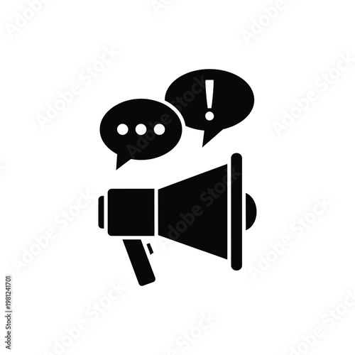 A stark black silhouette depicts a megaphone broadcasting with accompanying speech bubbles one with an exclamation high quality professional