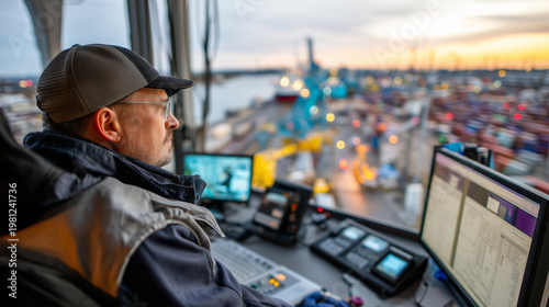 Port terminal operator monitoring automated stacking crane movements from climate controlled control room overlooking container yard at golden hour, perfect for port automation, te