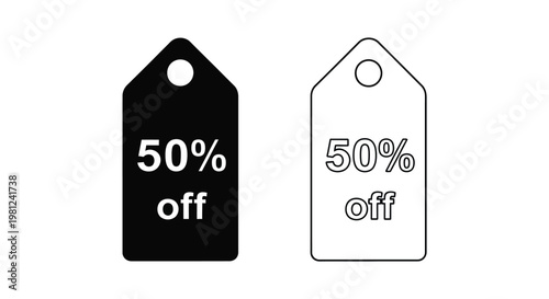 Two sale tags displaying fifty percent off bold silhouette