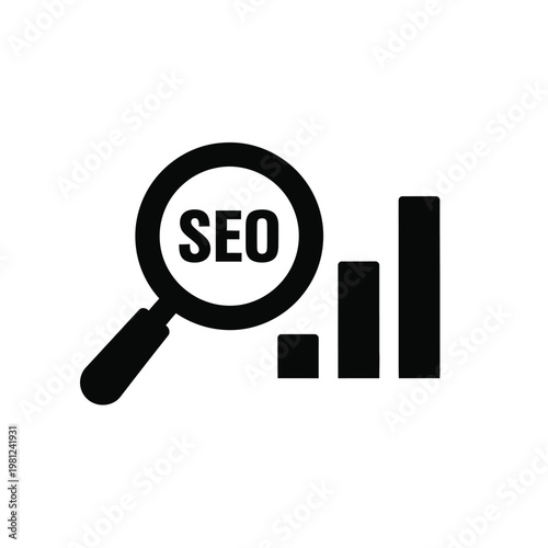A black magnifying glass focuses on the acronym SEO positioned above a simple bar graph illustration high quality professional