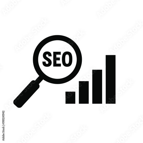 A magnifying glass focuses on the acronym seo positioned above a rising bar graph symbolizing search optimization high quality