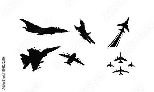 Modern jet fighter vector silhouette illustration collection with formation flight patterns